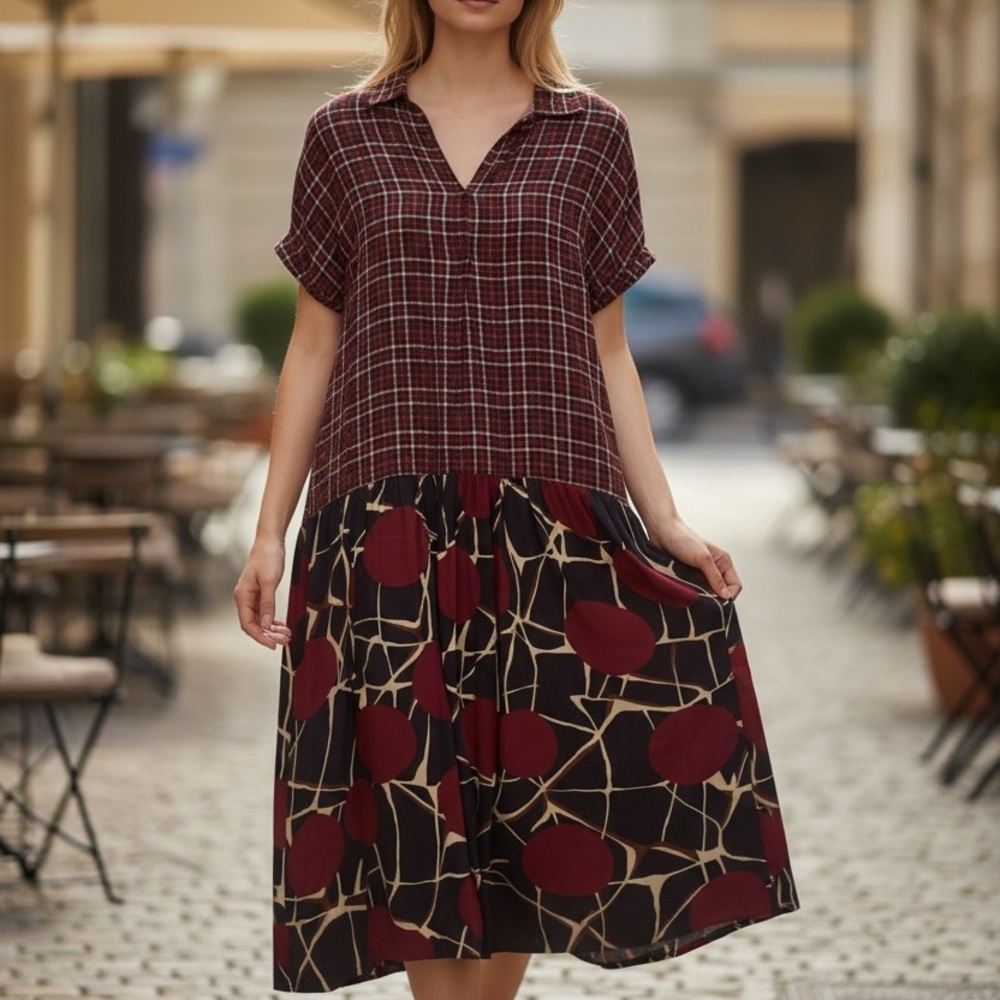 Tela Burgundy Plaid and Patterned Midi Dress - Vegan Silk